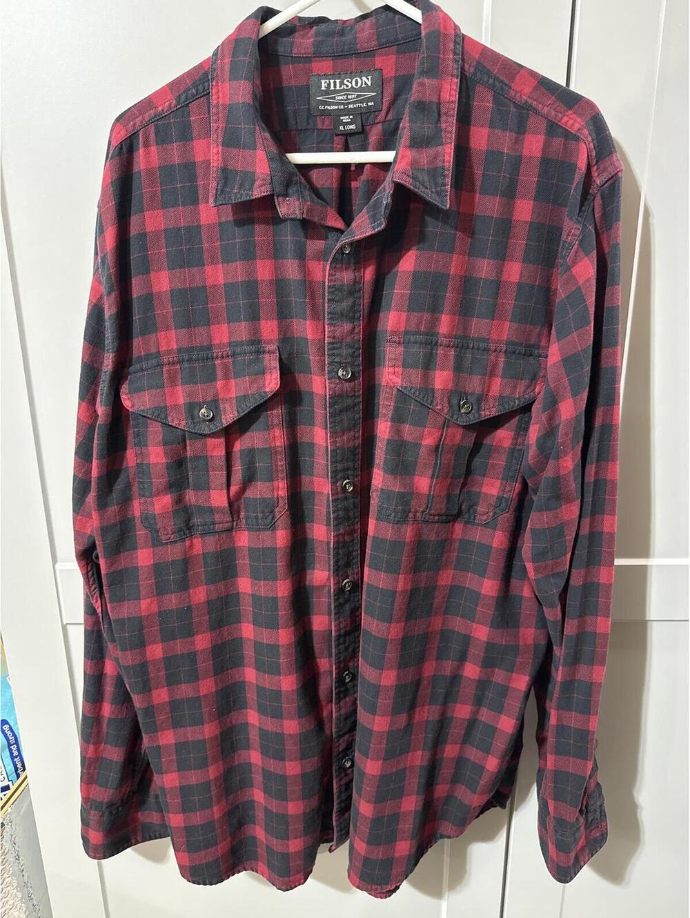 Filson Red Black Plaid Button-Up Shirt XL Long Rugged Flannel Style